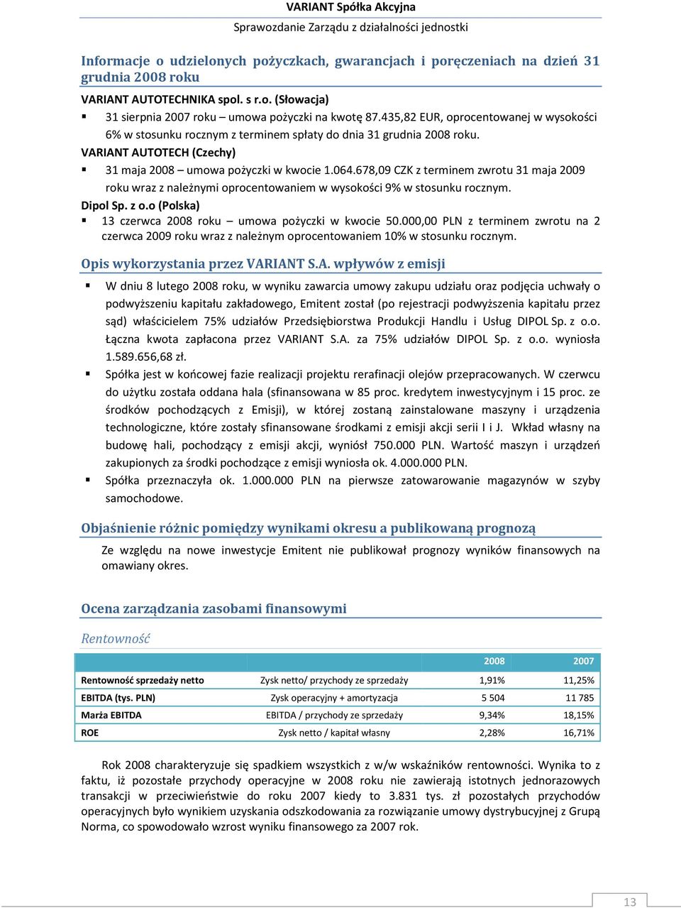 678,09 CZK z terminem zwrotu 31 maja 2009 roku wraz z należnymi oprocentowaniem w wysokości 9% w stosunku rocznym. Dipol Sp. z o.o (Polska) 13 czerwca 2008 roku umowa pożyczki w kwocie 50.