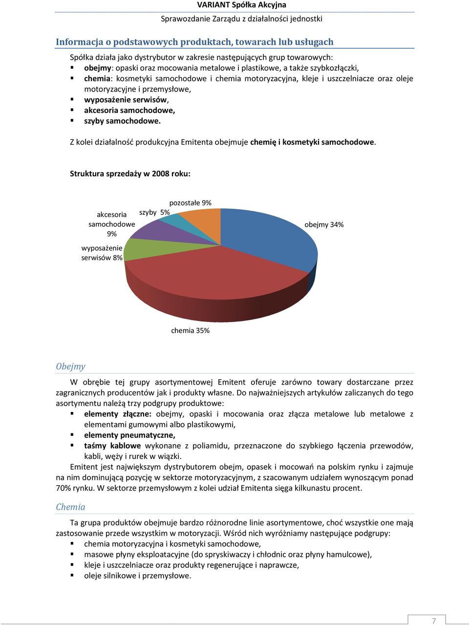 Z kolei działalność produkcyjna Emitenta obejmuje chemię i kosmetyki samochodowe.