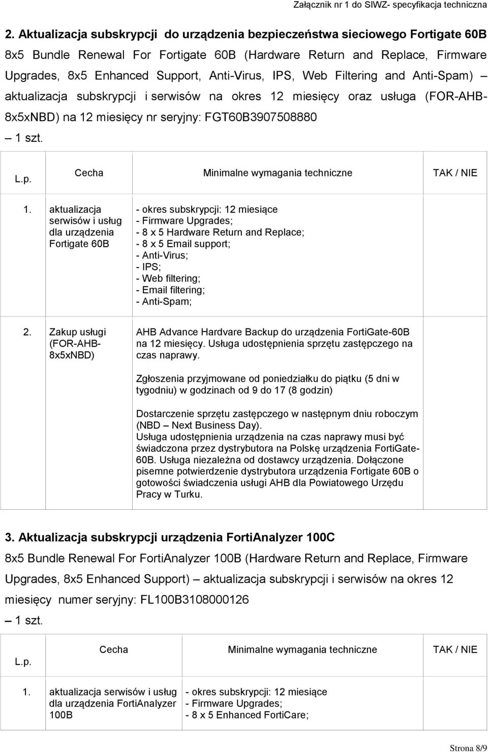 aktualizacja serwisów i usług dla urządzenia Fortigate 60B - okres subskrypcji: 12 miesiące - Firmware Upgrades; - 8 x 5 Hardware Return and Replace; - 8 x 5 Email support; - Anti-Virus; - IPS; - Web