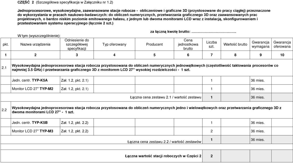 numerycznych, przetwarzania graficznego 3D oraz zaawansowanych prac projektowych, o bardzo niskim poziomie emitowanego hałasu, z jednym lub dwoma monitorami LCD wraz z instalacją, skonfigurowaniem i