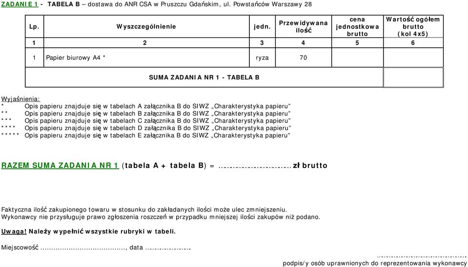 papieru ** Opis papieru znajduje si w tabelach B za cznika B do SIWZ Charakterystyka papieru *** Opis papieru znajduje si w tabelach C za cznika B do SIWZ Charakterystyka papieru