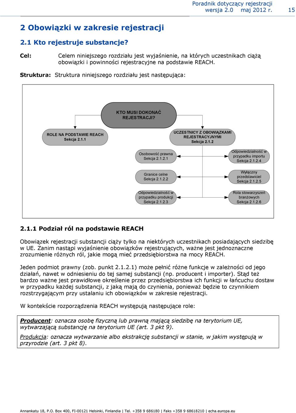 Struktura: Struktura niniejszego rozdziału jest następująca: KTO MUSI DOKONAĆ REJESTRACJI? ROLE NA PODSTAWIE REACH Sekcja 2.1.1 UCZESTNICY Z OBOWIĄZKAMI REJESTRACYJNYMI Sekcja 2.1.2 Osobowość prawna Sekcja 2.