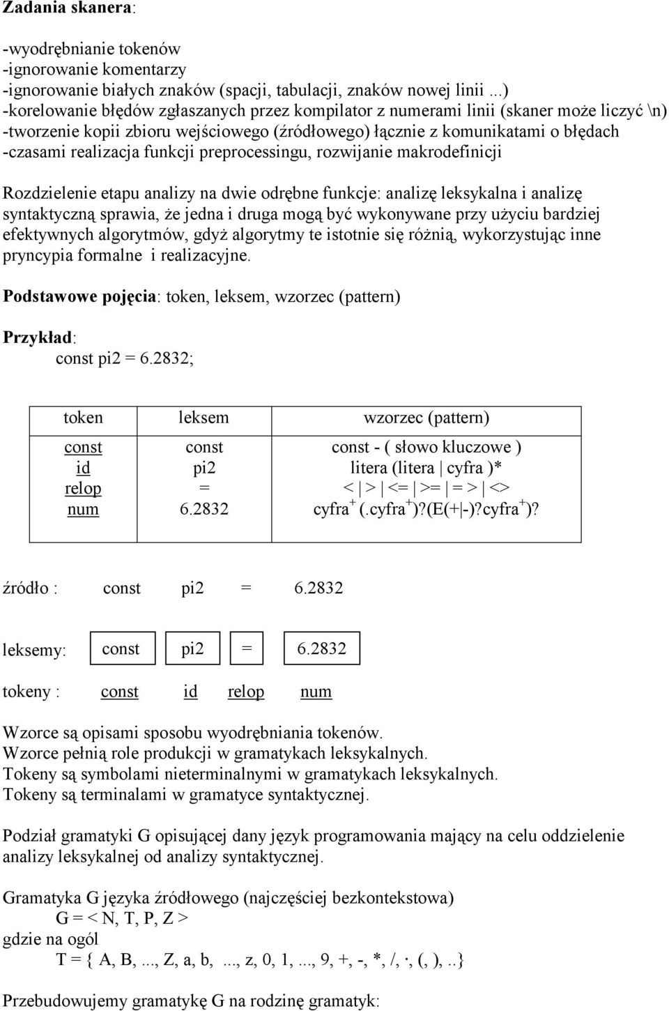 funkcji preprocessingu, rozwijanie makrodefinicji Rozdzielenie etapu analizy na dwie odrębne funkcje: analizę leksykalna i analizę syntaktyczną sprawia, że jedna i druga mogą być wykonywane przy
