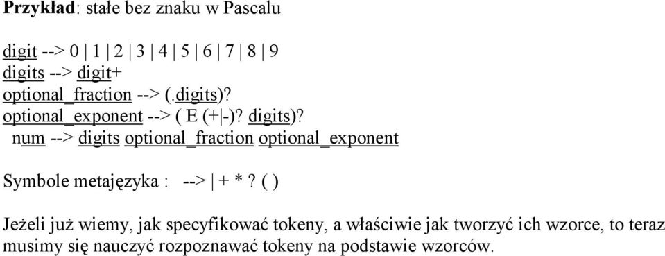 num --> digits optional_fraction optional_exponent Symbole metajęzyka : --> + *?