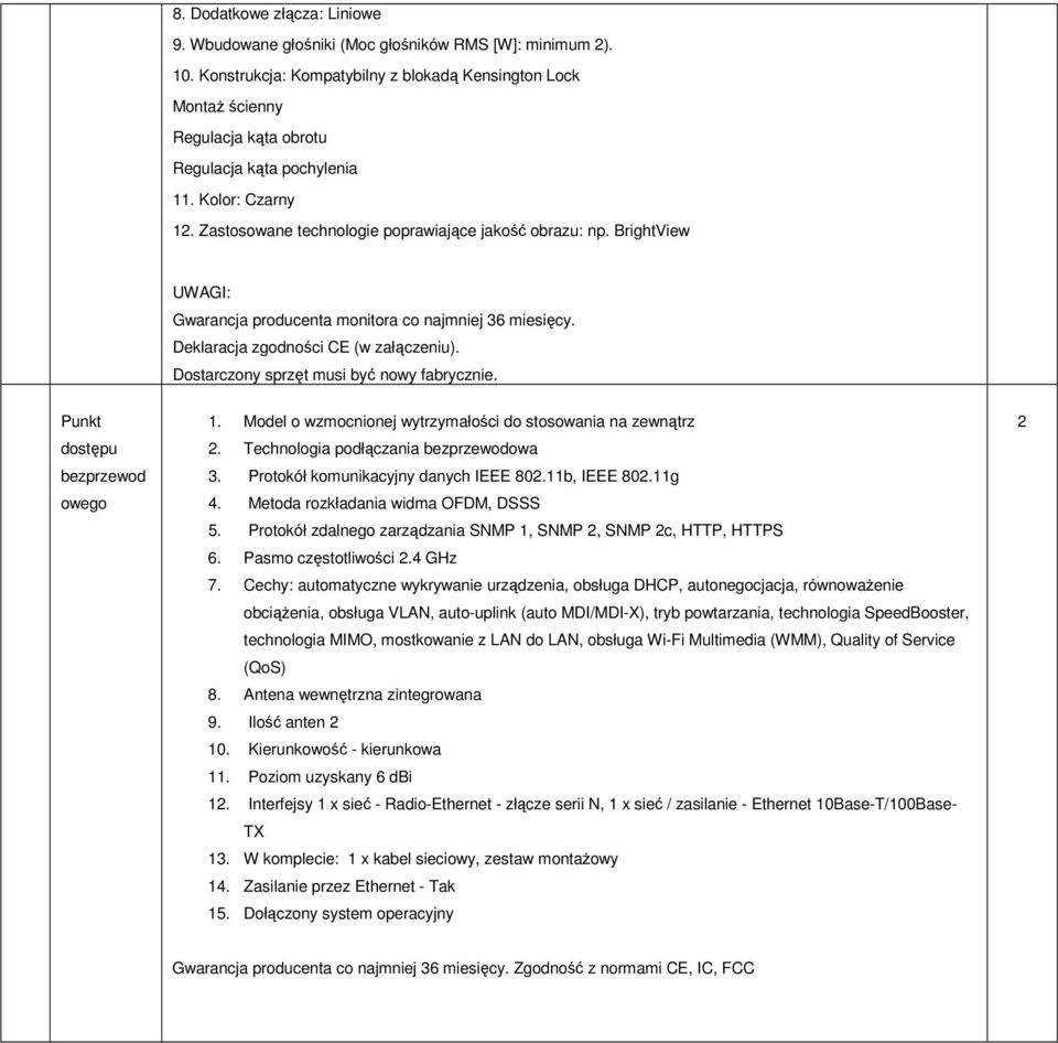 BrightView Gwarancja producenta monitora co najmniej 36 miesięcy. Deklaracja zgodności CE (w załączeniu). Dostarczony sprzęt musi być nowy fabrycznie. Punkt dostępu bezprzewod owego.