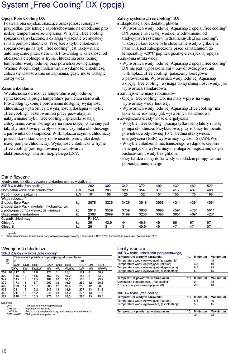 Przejście z trybu chłodzenia spręŝarkowego na tryb free cooling jest uaktywniane automatycznie przez sterownik Pro-Dialog w zaleŝności od obciąŝenia cieplnego w trybie chłodzenia oraz róŝnicy