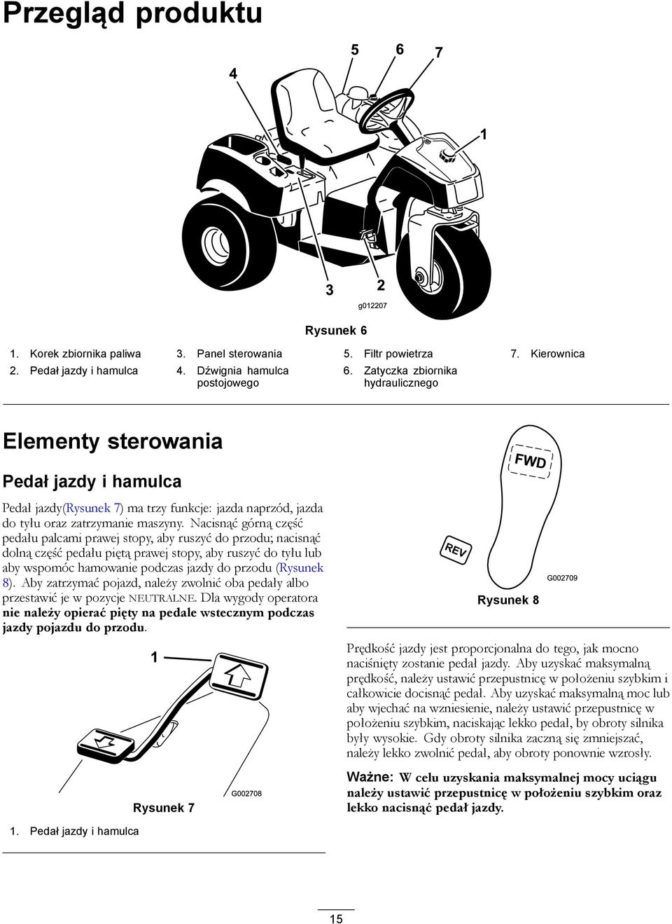 Nacisnąć górną część pedału palcami prawej stopy, aby ruszyć do przodu; nacisnąć dolną część pedału piętą prawej stopy, aby ruszyć do tyłu lub aby wspomóc hamowanie podczas jazdy do przodu (Rysunek