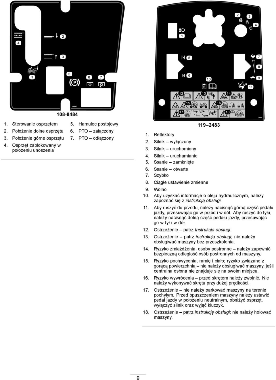 Aby uzyskać informacje o oleju hydraulicznym, należy zapoznać się z instrukcją obsługi. 11. Aby ruszyć do przodu, należy nacisnąć górną część pedału jazdy, przesuwając go w przód i w dół.