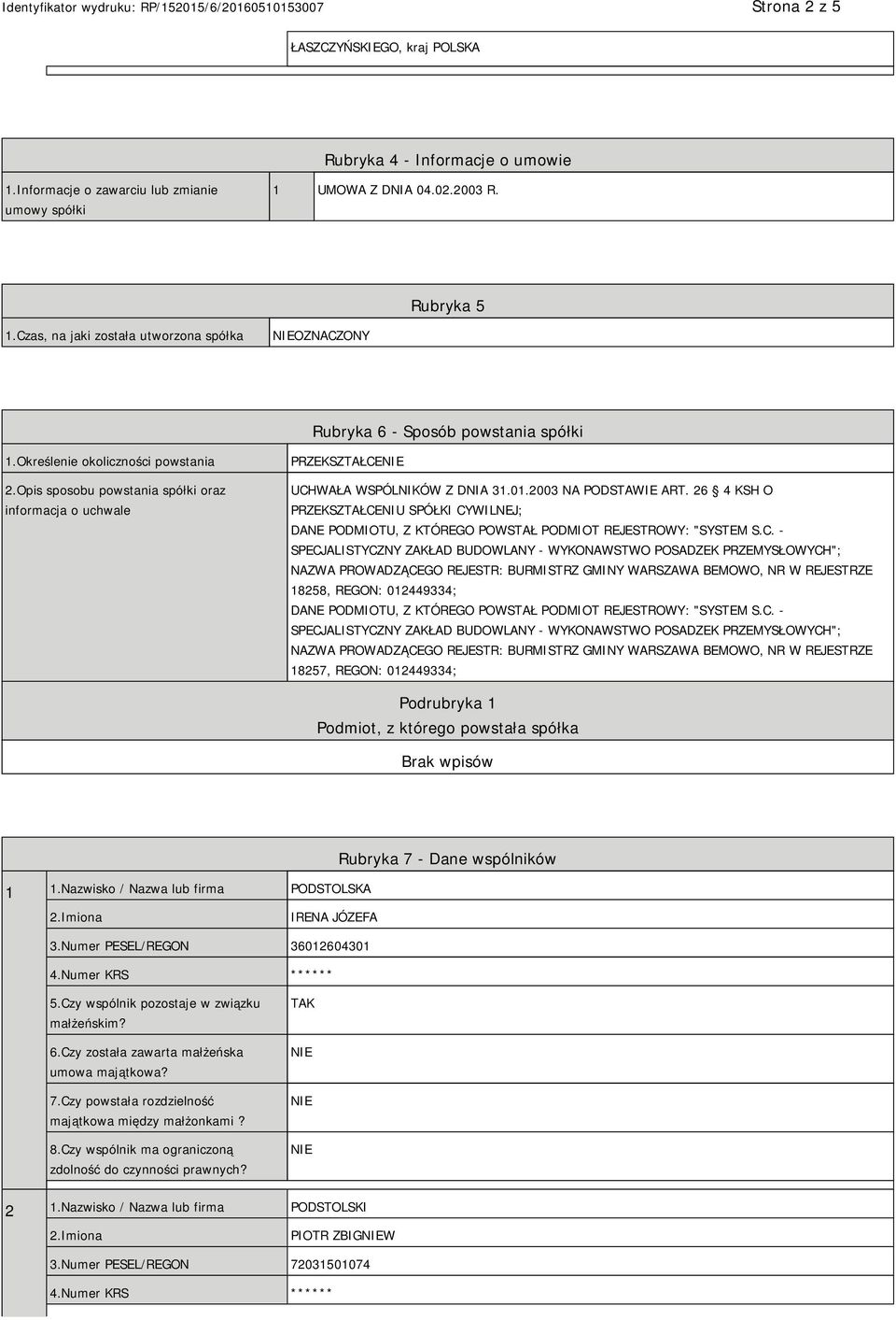 Opis sposobu powstania spółki oraz informacja o uchwale PRZEKSZTAŁCE UCHWAŁA WSPÓLNIKÓW Z DNIA 31.01.2003 NA PODSTAWIE ART.