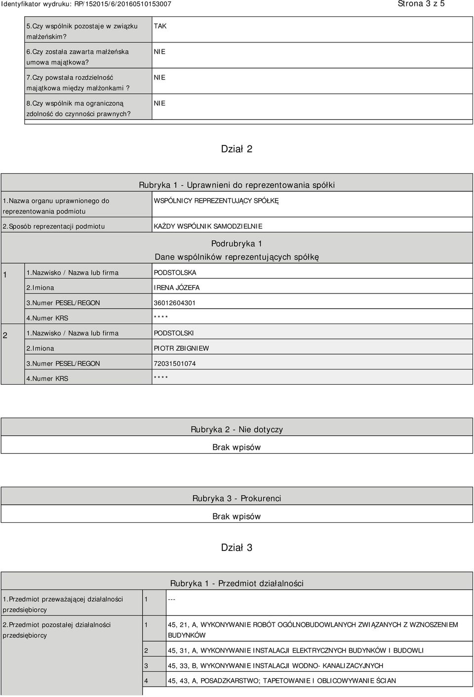 Sposób reprezentacji podmiotu WSPÓLNICY REPREZENTUJĄCY SPÓŁKĘ KAŻDY WSPÓLNIK SAMODZIEL 1 1.Nazwisko / Nazwa lub firma PODSTOLSKA Podrubryka 1 Dane wspólników reprezentujących spółkę IRENA JÓZEFA 3.