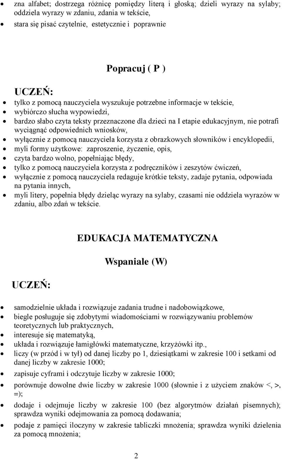 wniosków, wyłącznie z pomocą nauczyciela korzysta z obrazkowych słowników i encyklopedii, myli formy użytkowe: zaproszenie, życzenie, opis, czyta bardzo wolno, popełniając błędy, tylko z pomocą