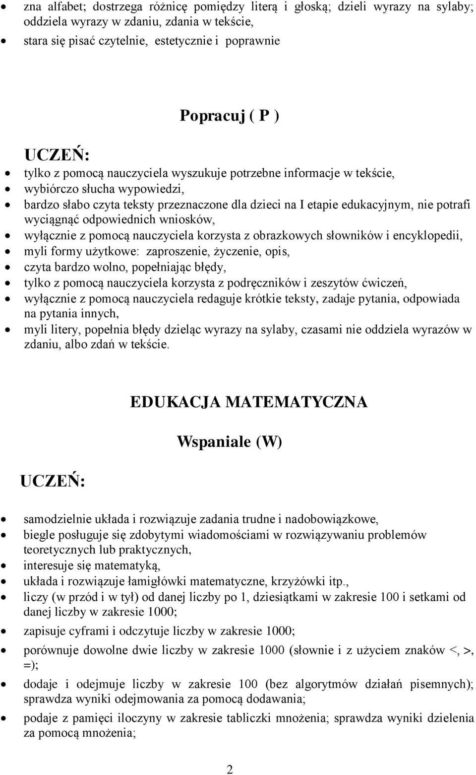 wniosków, wyłącznie z pomocą nauczyciela korzysta z obrazkowych słowników i encyklopedii, myli formy użytkowe: zaproszenie, życzenie, opis, czyta bardzo wolno, popełniając błędy, tylko z pomocą