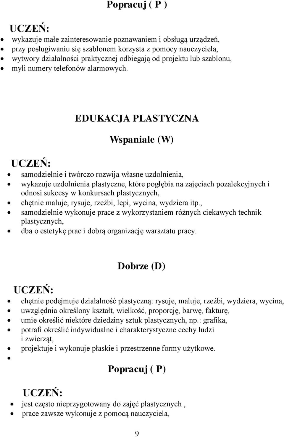 EDUKACJA PLASTYCZNA Wspaniale (W) samodzielnie i twórczo rozwija własne uzdolnienia, wykazuje uzdolnienia plastyczne, które pogłębia na zajęciach pozalekcyjnych i odnosi sukcesy w konkursach