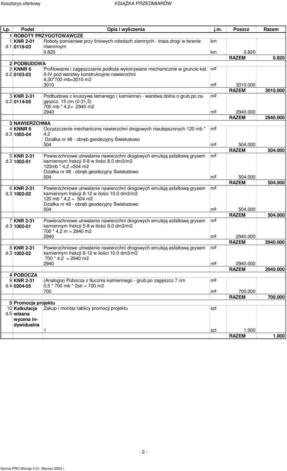 2 0103-03 II-IV pod warstwy konstrukcyjne nawierzchni 4,30*700 mb=3010 m2 3010 m 2 3010.000 3 KNR 2-31 d.2 0114-05 3 NAWIERZCHNIA 4 KNNR 6 d.3 1005-04 5 KNR 2-31 d.3 1002-01 6 KNR 2-31 d.