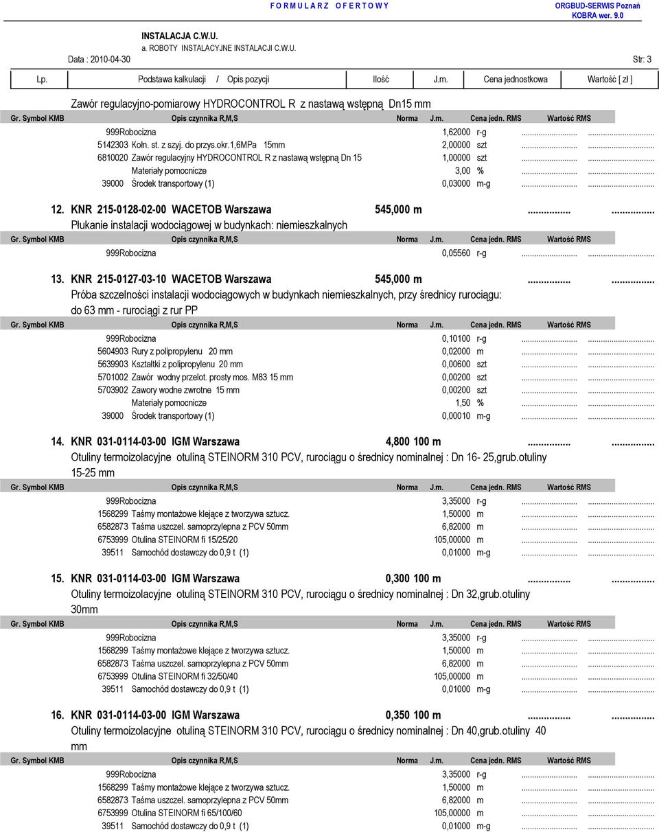 KNR 215-0128-02-00 WACETOB Warszawa 545,000 m...... Płukanie instalacji wodociągowej w budynkach: niemieszkalnych 999Robocizna 0,05560 r-g...... 13. KNR 215-0127-03-10 WACETOB Warszawa 545,000 m.
