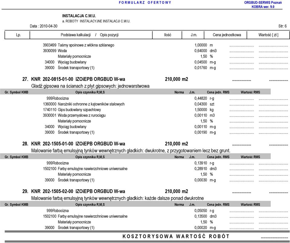 ..... 1360000 NaroŜniki ochronne z kątowników stalowych 0,04300 szt...... 1740110 Gips budowlany szpachlowy 1,50000 kg...... 3930001 Woda przemysłowa z rurociągu 0,00110 m3.