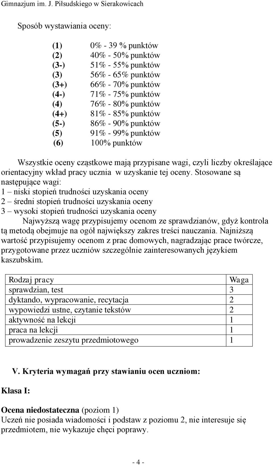 Stosowane są następujące wagi: 1 niski stopień trudności uzyskania oceny 2 średni stopień trudności uzyskania oceny 3 wysoki stopień trudności uzyskania oceny Najwyższą wagę przypisujemy ocenom ze