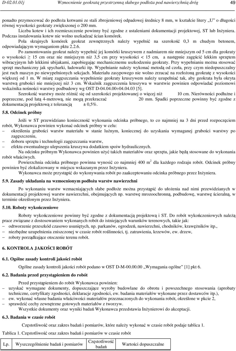 równej wysokości geokraty zwiększonej o 200 mm. Liczba kotew i ich rozmieszczenie powinny być zgodne z ustaleniami dokumentacji projektowej, ST lub Inżyniera.