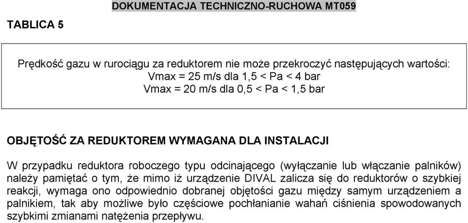 lub włączanie palników) należy pamiętać o tym, że mimo iż urządzenie DIVAL zalicza się do reduktorów o szybkiej reakcji, wymaga ono odpowiednio dobranej