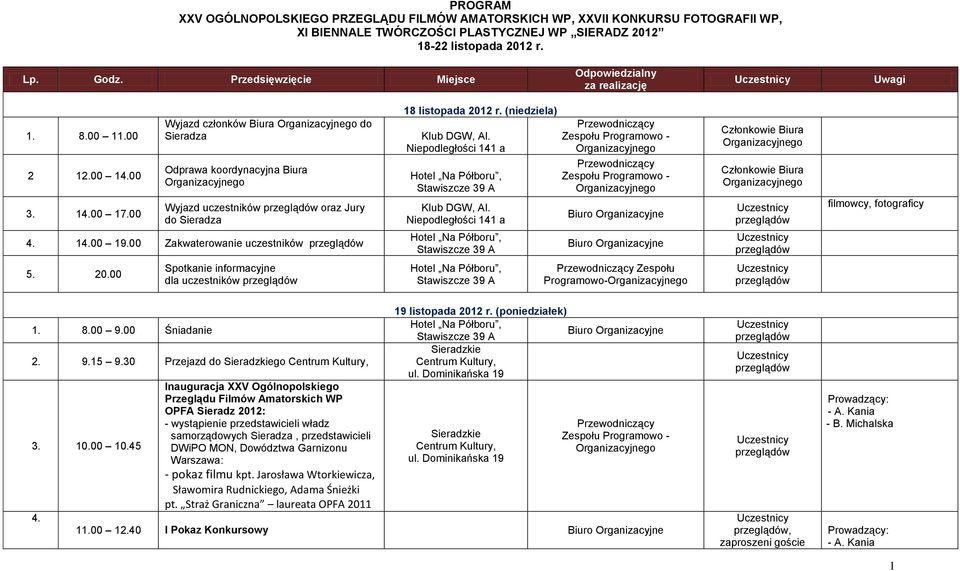 00 Zakwaterowanie uczestników 18 listopada 2012 r. (niedziela) Klub DGW, Al. Niepodległości 141 a Klub DGW, Al. Niepodległości 141 a Członkowie Biura Członkowie Biura filmowcy, fotograficy 5. 20.00 Spotkanie informacyjne dla uczestników Zespołu Programowo- 1.