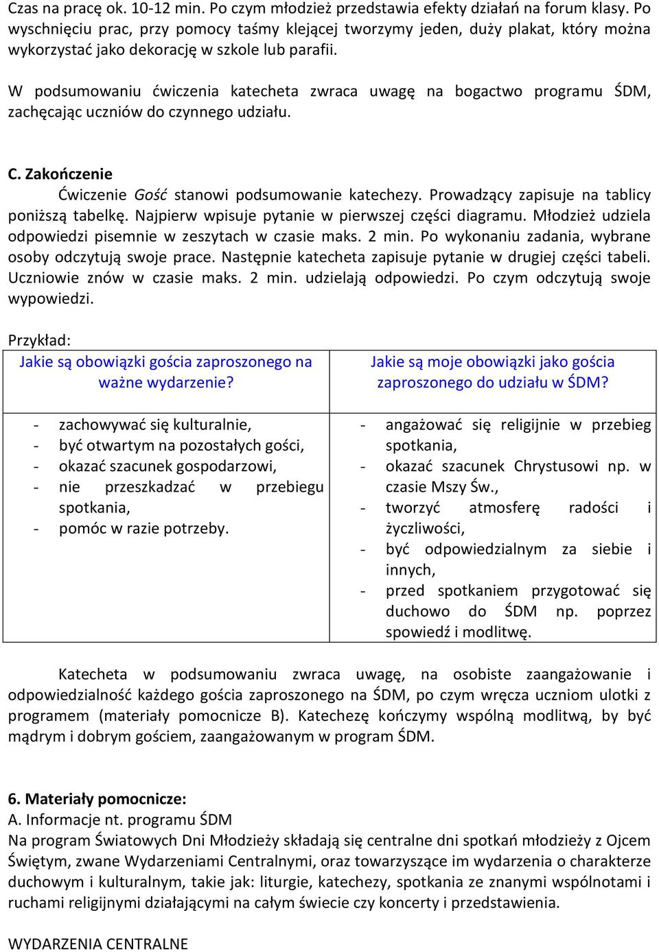 W podsumowaniu ćwiczenia katecheta zwraca uwagę na bogactwo programu ŚDM, zachęcając uczniów do czynnego udziału. C. Zakończenie Ćwiczenie Gość stanowi podsumowanie katechezy.