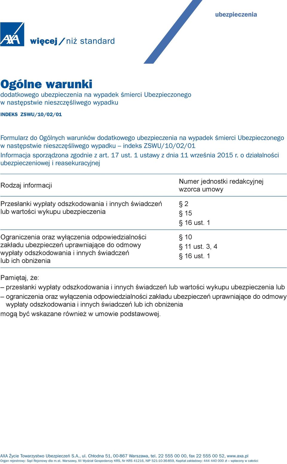 o działalności ubezpieczeniowej i reasekuracyjnej Rodzaj informacji Przesłanki wypłaty odszkodowania i innych świadczeń lub wartości wykupu ubezpieczenia Ograniczenia oraz wyłączenia