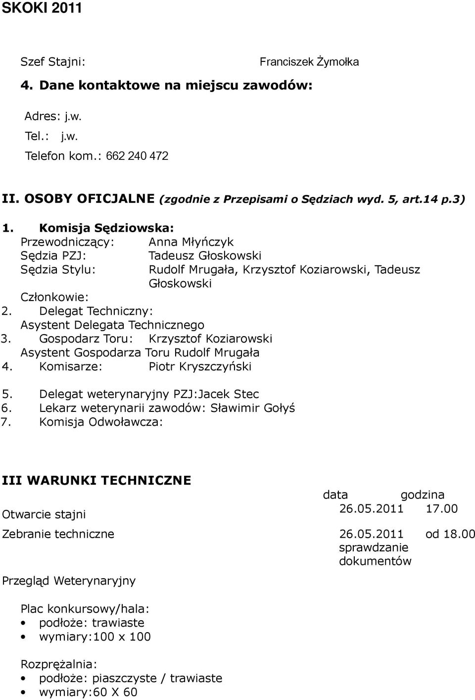 Gospodarz Toru: Krzysztof Koziarowski Asystent Gospodarza Toru Rudolf Mrugała 4. Komisarze: Piotr Kryszczyński Rudolf Mrugała, Krzysztof Koziarowski, Tadeusz Głoskowski 5.