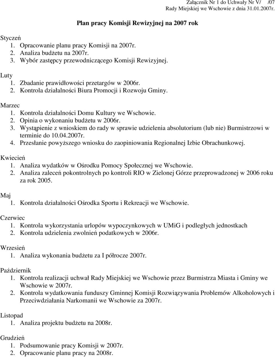 3. Wystąpienie z wnioskiem do rady w sprawie udzielenia absolutorium (lub nie) Burmistrzowi w terminie do 10.04.2007r. 4.