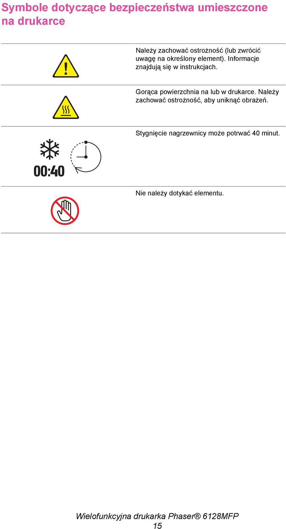 Informacje znajdują się w instrukcjach. Gorąca powierzchnia na lub w drukarce.