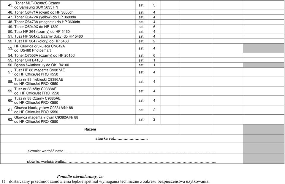 do D5460 Photosmart 54. Toner Q7553A (czarny) do HP 2015d szt. 6 55. Toner OKI B4100 56. Bęben światłoczuły do OKI B4100 Tusz HP 88 magenta C9387AE 57. 58. 59. 60. 61. 62.