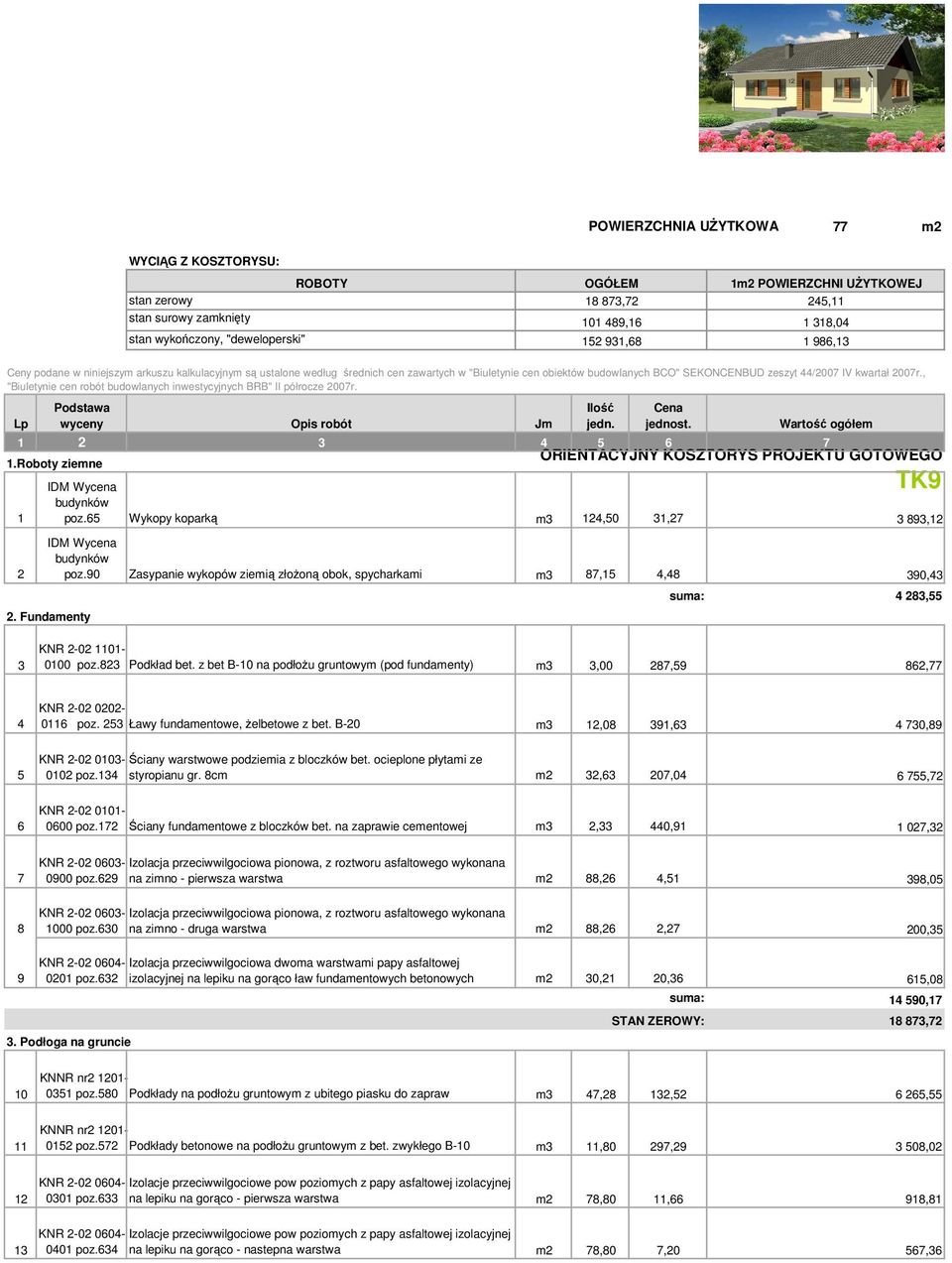 , "Biuletynie cen robót budowlanych inwestycyjnych BRB" II półrocze 2007r. Lp 1 2 3 4 5 6 7 ORIENTACYJNY KOSZTORYS PROJEKTU GOTOWEGO 1.Roboty ziemne 1 2 Podstawa wyceny poz.