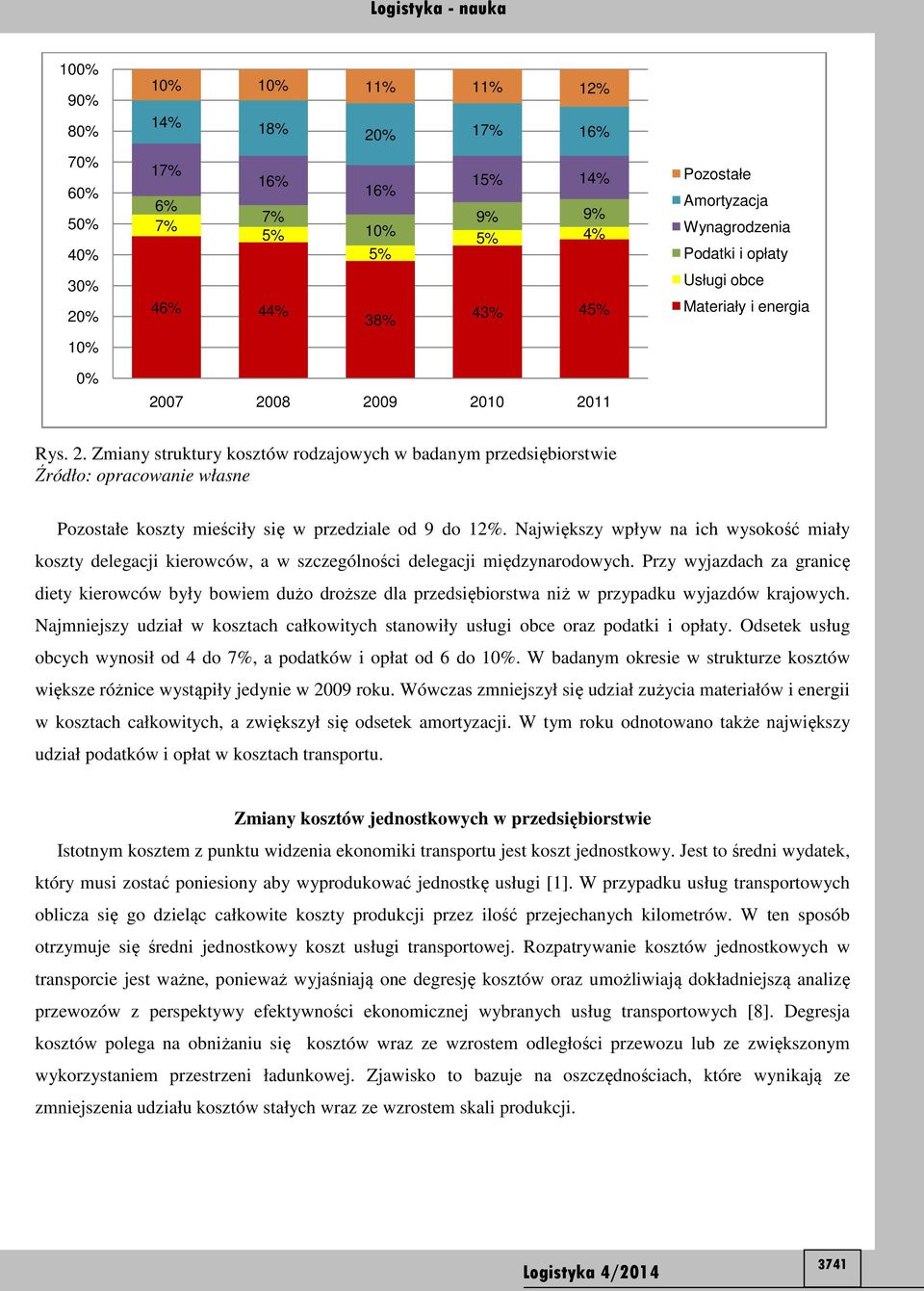 Zmiany struktury kosztów rodzajowych w badanym przedsiębiorstwie Źródło: opracowanie własne Pozostałe koszty mieściły się w przedziale od 9 do 12%.