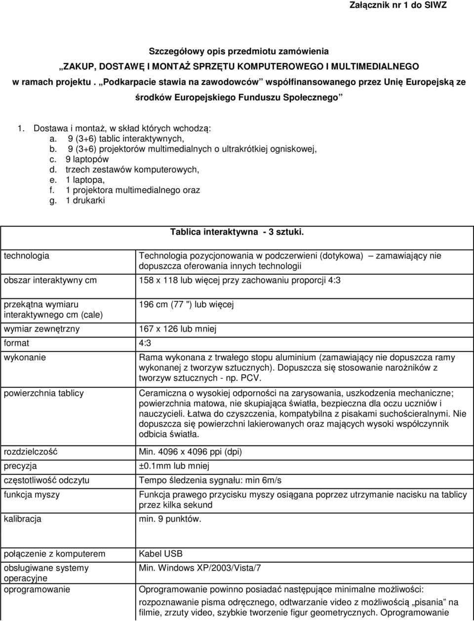 9 (3+6) tablic interaktywnych, b. 9 (3+6) projektorów multimedialnych o ultrakrótkiej ogniskowej, c. 9 laptopów d. trzech zestawów komputerowych, e. 1 laptopa, f. 1 projektora multimedialnego oraz g.