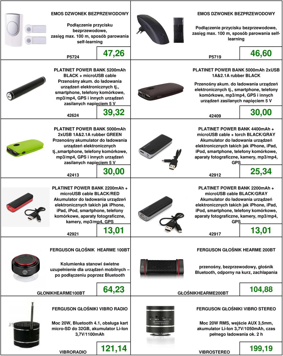 , smartphone, telefony komórkowe, mp3/mp4, GPS i innych urządzeń zasilanych napięciem 5 V PLATINET POWER BANK 5000mAh 2xUSB 1A&2.1A rubber BLACK Przenośny akum.