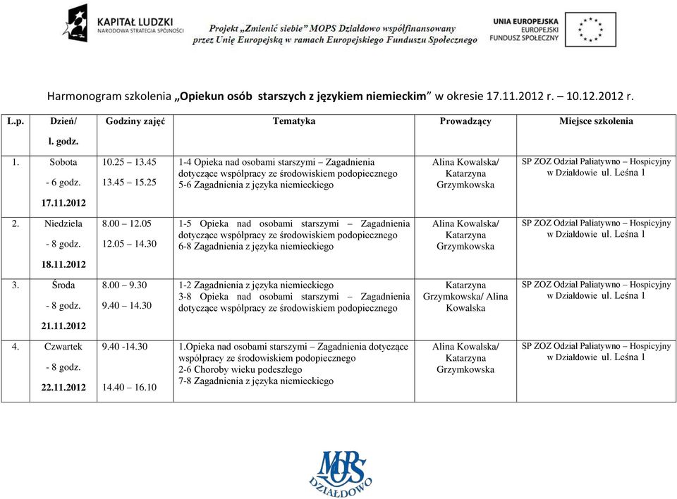 25 1-4 Opieka nad osobami starszymi Zagadnienia 5-6 Zagadnienia z języka niemieckiego 17.11.2012 2. Niedziela 8.00 12.05 12.05 14.