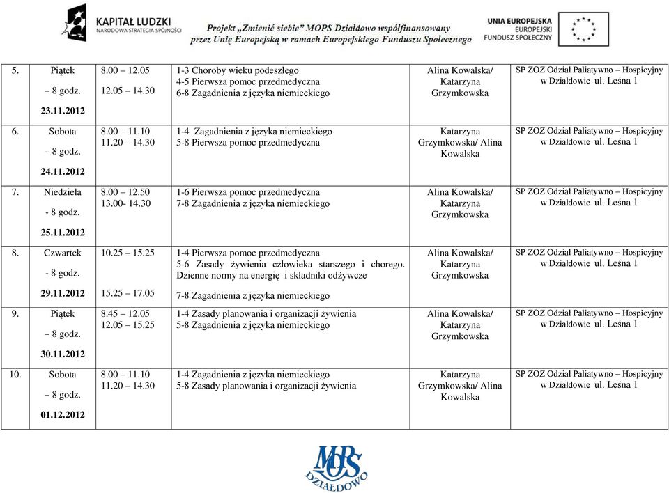 25 1-4 Pierwsza pomoc przedmedyczna 5-6 Zasady żywienia człowieka starszego i chorego. Dzienne normy na energię i składniki odżywcze 29.11.2012 15.25 17.05 9. Piątek 8.45 12.05 12.05 15.