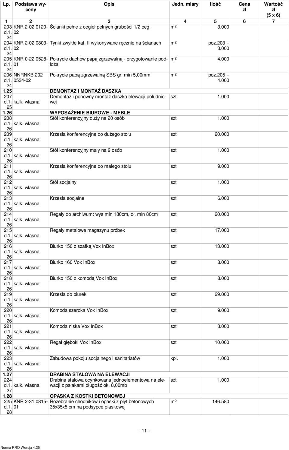 własna 25 Demontaż i ponowny montaż daszka elewacji południowej szt.000. WYPOSAŻENIE BIUROWE - MEBLE Stół konferencyjny duży na osób szt.000 kalk. własna Krzesła konferencyjne do dużego stołu szt.