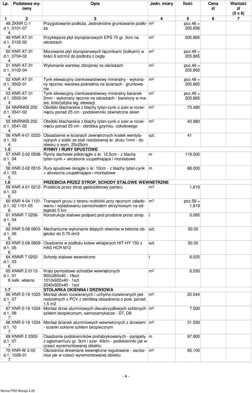 cm na ościeżach Mocowanie płyt styropianowych łącznikami (kołkami) w ilości szt/m2 do podłoża z cegły m 2 5.5 m 2 poz. = 5.