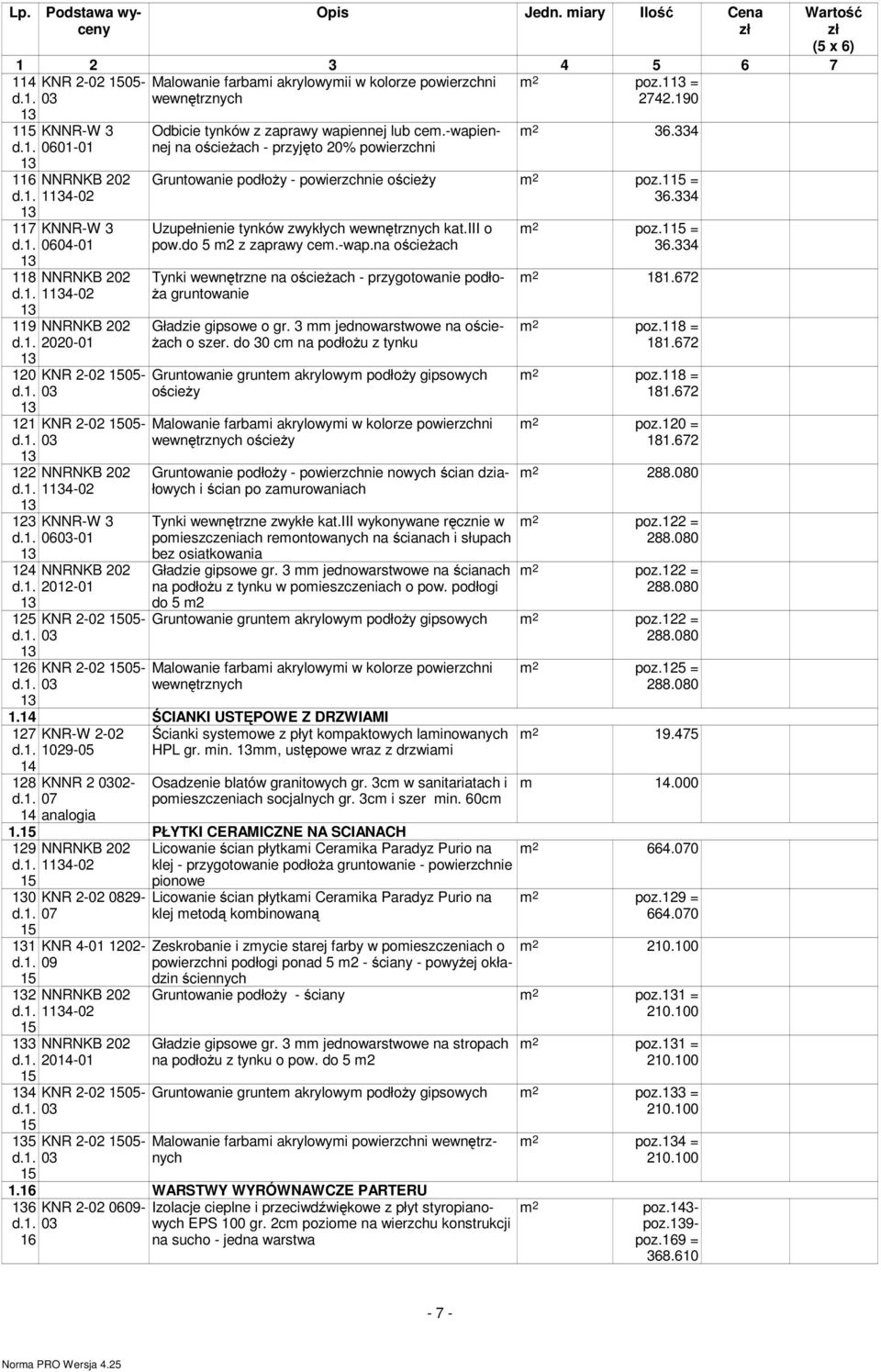 -wapiennej na ościeżach - przyjęto % powierzchni m 2. Gruntowanie podłoży - powierzchnie ościeży m 2 poz.5 =. Uzupełnienie tynków zwykłych wewnętrznych kat.iii o pow.do 5 m2 z zaprawy cem.-wap.na ościeżach Tynki wewnętrzne na ościeżach - przygotowanie podłoża gruntowanie Gładzie gipsowe o gr.