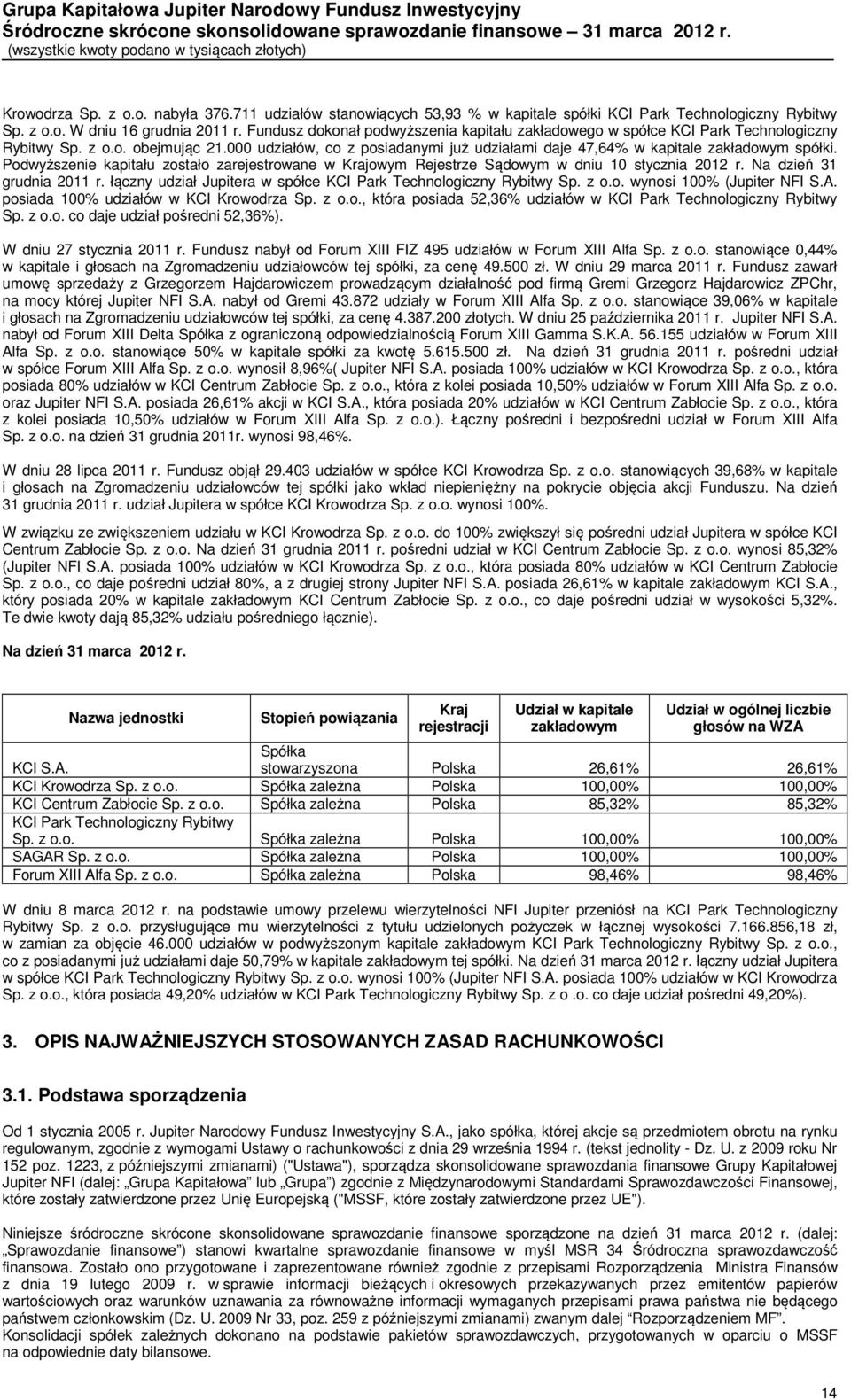 000 udziałów, co z posiadanymi już udziałami daje 47,64% w kapitale zakładowym spółki. Podwyższenie kapitału zostało zarejestrowane w Krajowym Rejestrze Sądowym w dniu 10 stycznia 2012 r.