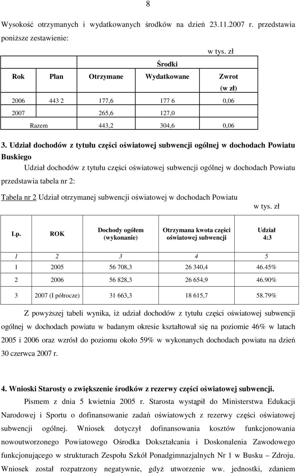 Udział dochodów z tytułu części oświatowej subwencji ogólnej w dochodach Powiatu Buskiego Udział dochodów z tytułu części oświatowej subwencji ogólnej w dochodach Powiatu przedstawia tabela nr 2:
