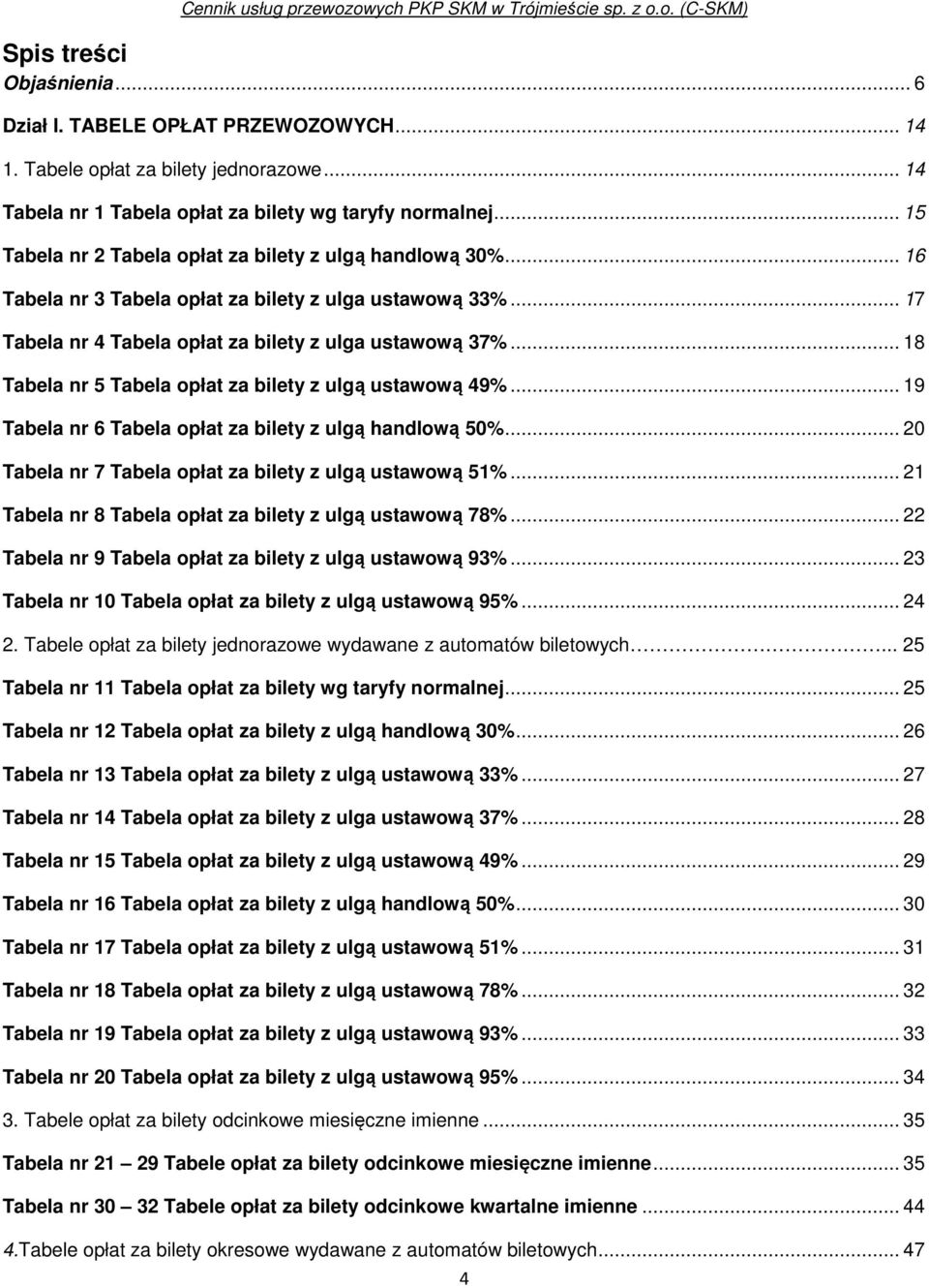 .. 18 Tabela nr 5 Tabela opłat za bilety z ulgą ustawową 49%... 19 Tabela nr 6 Tabela opłat za bilety z ulgą handlową 50%... 20 Tabela nr 7 Tabela opłat za bilety z ulgą ustawową 51%.