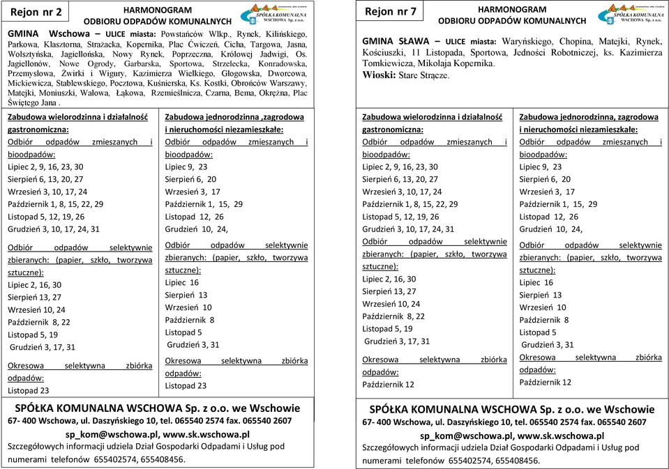 Jagiellonów, Nowe Ogrody, Garbarska, Sportowa, Strzelecka, Konradowska, Przemysłowa, Żwirki i Wigury, Kazimierza Wielkiego, Głogowska, Dworcowa, Mickiewicza, Stablewskiego, Pocztowa, Kuśnierska, Ks.