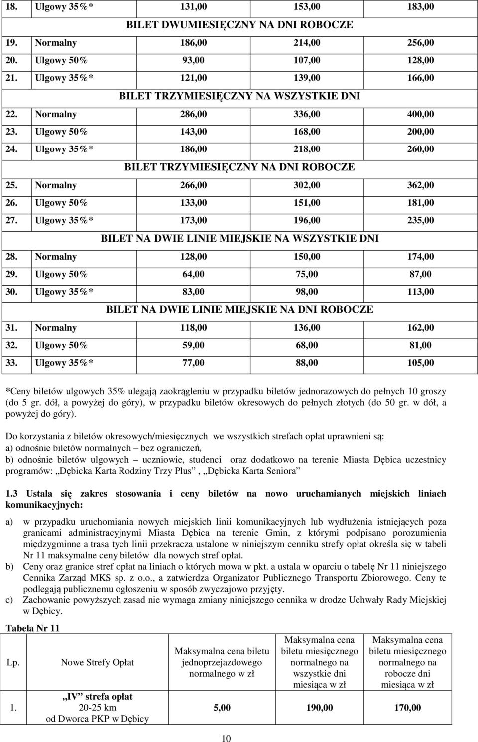 Ulgowy 35%* 186,00 218,00 260,00 BILET TRZYMIESIĘCZNY NA DNI ROBOCZE 25. Normalny 266,00 302,00 362,00 26. Ulgowy 50% 133,00 151,00 181,00 27.