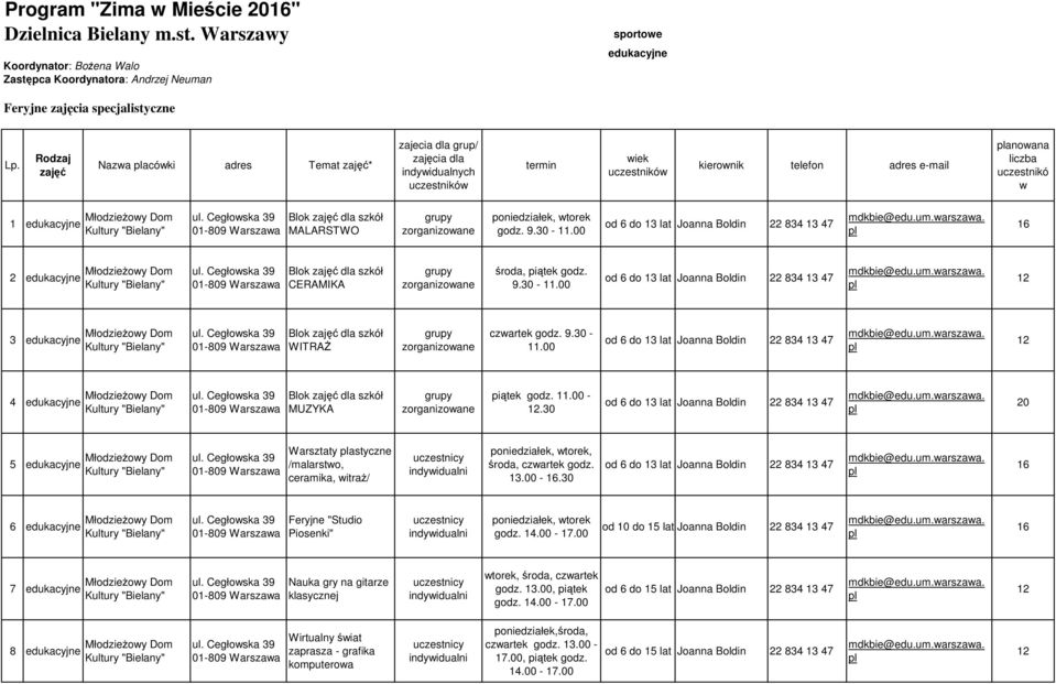 01-809 Blok zajęć dla szkół MALARSTWO poniedziałek, wtorek godz. 9.30-11.00 2 edukacyjne 01-809 Blok zajęć dla szkół CERAMIKA środa, piątek godz. 9.30-11.00 3 edukacyjne 01-809 Blok zajęć dla szkół WITRAś czwartek godz.