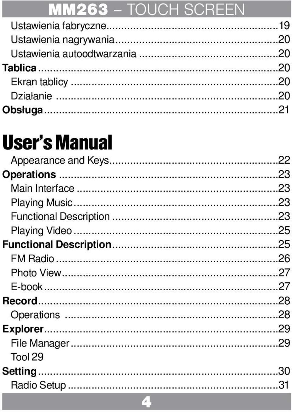 ..23 Playing Music...23 Functional Description...23 Playing Video...25 Functional Description...25 FM Radio.