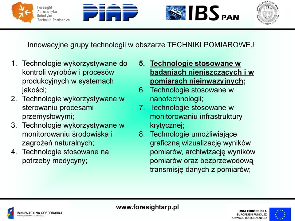 Technologie stosowane na potrzeby medycyny; 5. Technologie stosowane w badaniach nieniszczących i w pomiarach nieinwazyjnych; 6. Technologie stosowane w nanotechnologii; 7.