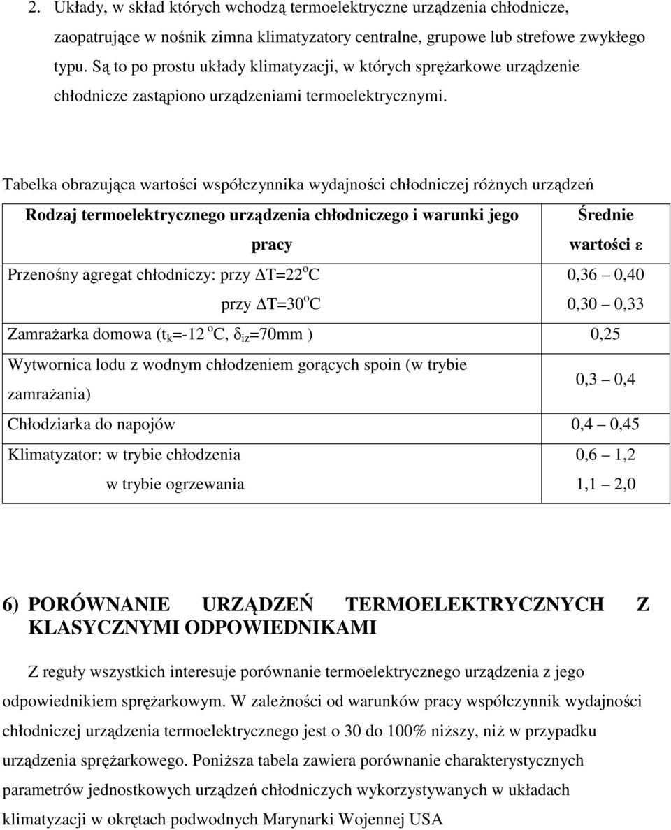 Tabelka obrazująca wartości współczynnika wydajności chłodniczej róŝnych urządzeń Rodzaj termoelektrycznego urządzenia chłodniczego i warunki jego Średnie pracy wartości ε Przenośny agregat