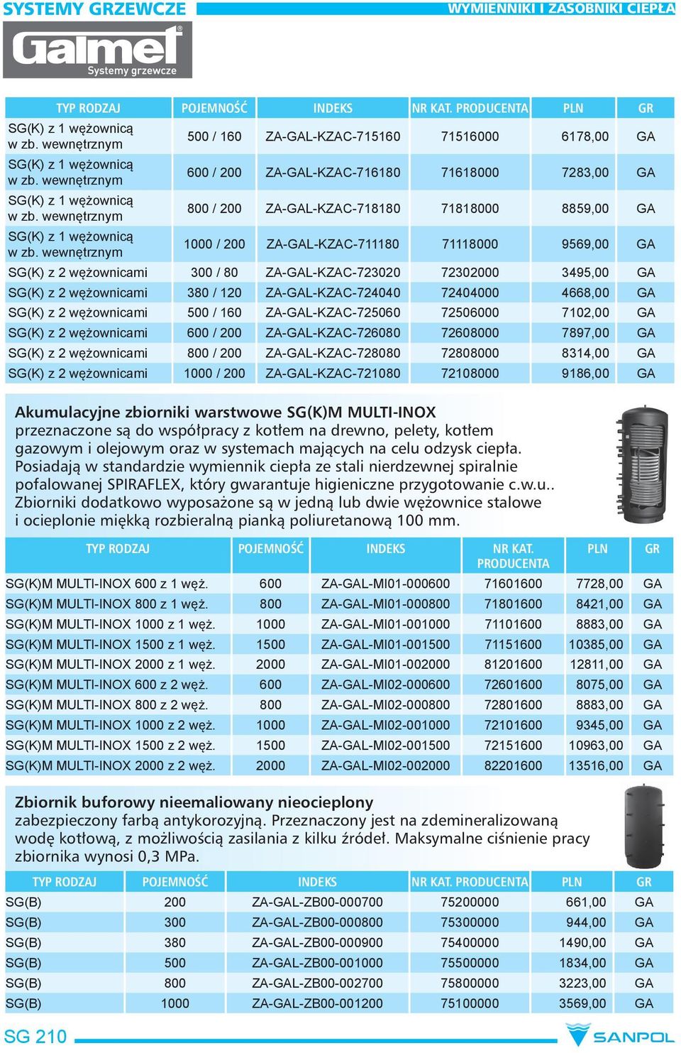 wewnętrznym 1000 / 200 ZA-GAL-KZAC-711180 71118000 9569,00 GA SG(K) z 2 wężownicami 300 / 80 ZA-GAL-KZAC-723020 72302000 3495,00 GA SG(K) z 2 wężownicami 380 / 120 ZA-GAL-KZAC-724040 72404000 4668,00