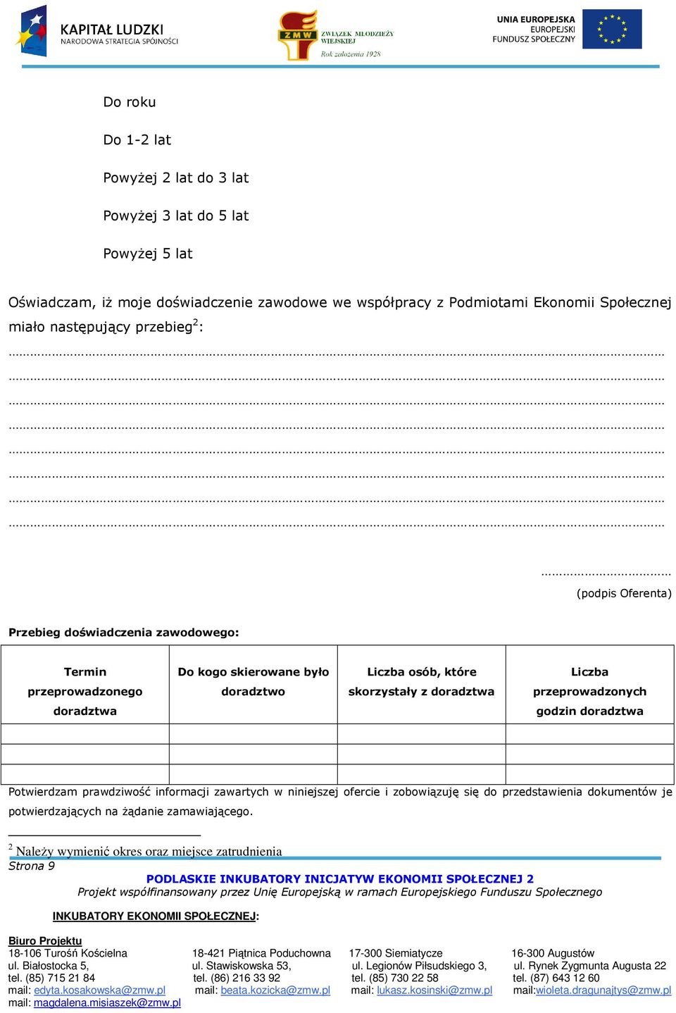 Liczba przeprowadzonego doradztwo skorzystały z doradztwa przeprowadzonych doradztwa godzin doradztwa Potwierdzam prawdziwość informacji zawartych w